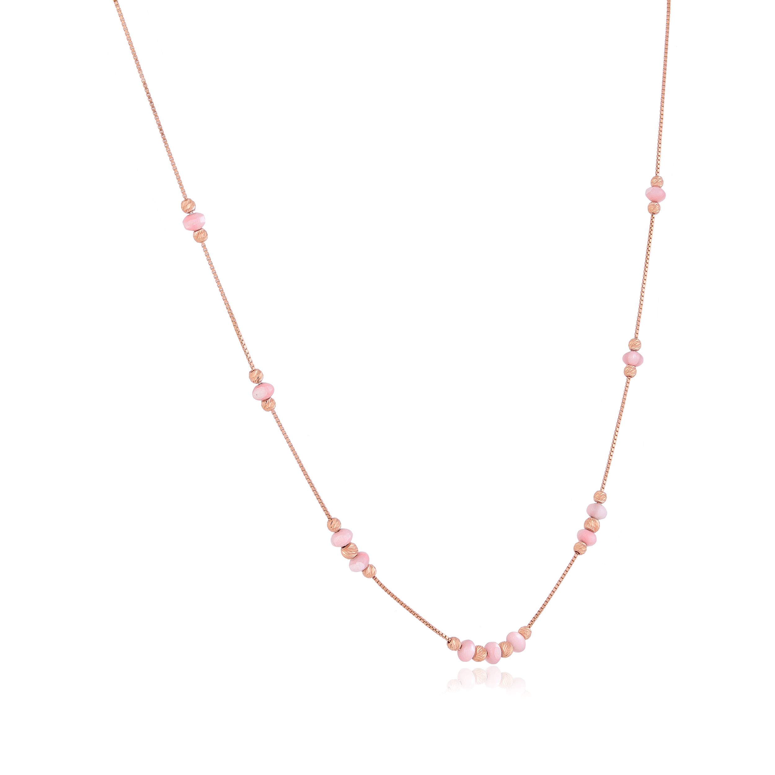 18 Karat Rose Quartz Bead Gold Chain For Women