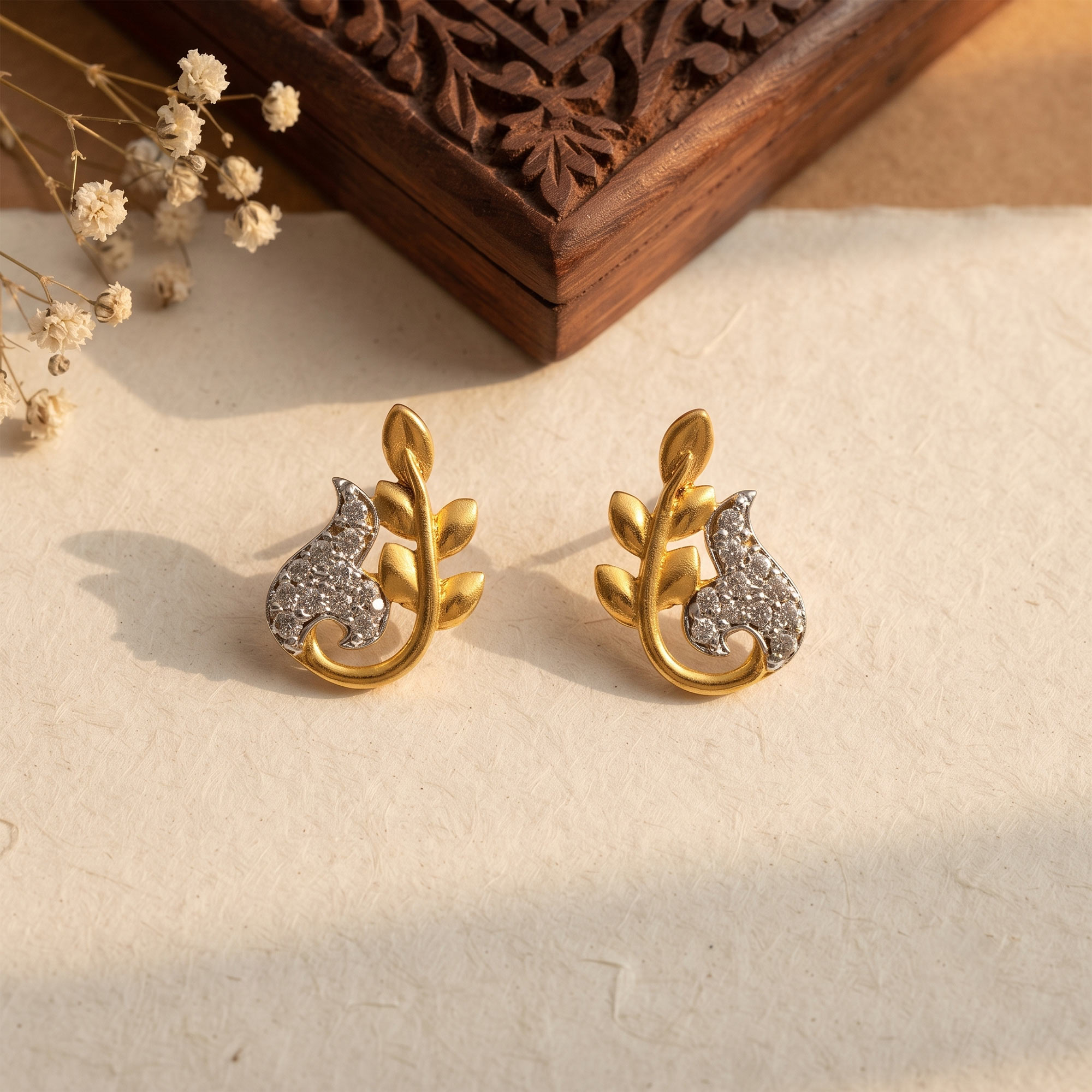 22kt Yellow Gold Leafy Branch Paisley CZ Stud Earrings