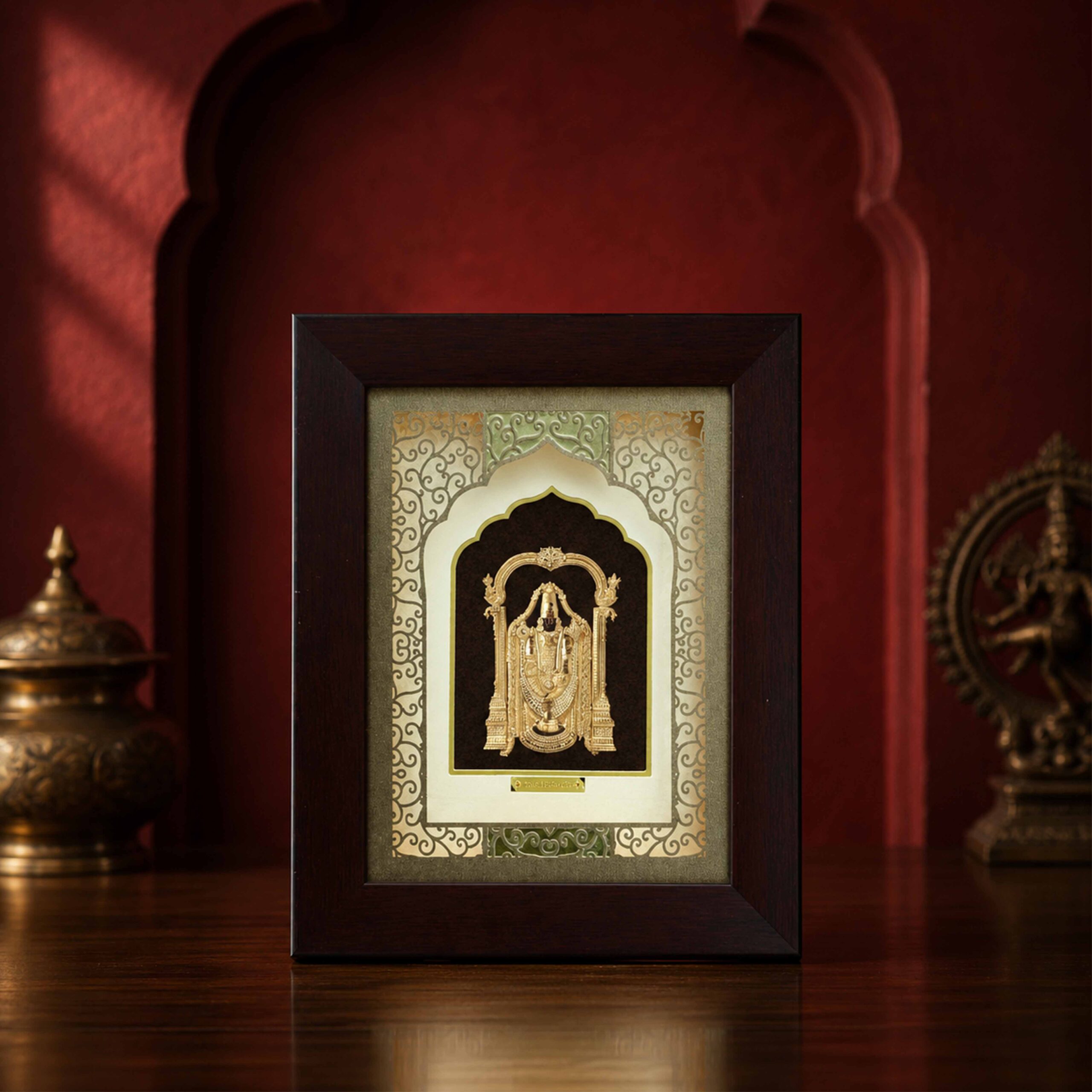 Gold Foil Tirupati Balaji Temple Arch Wooden Frame