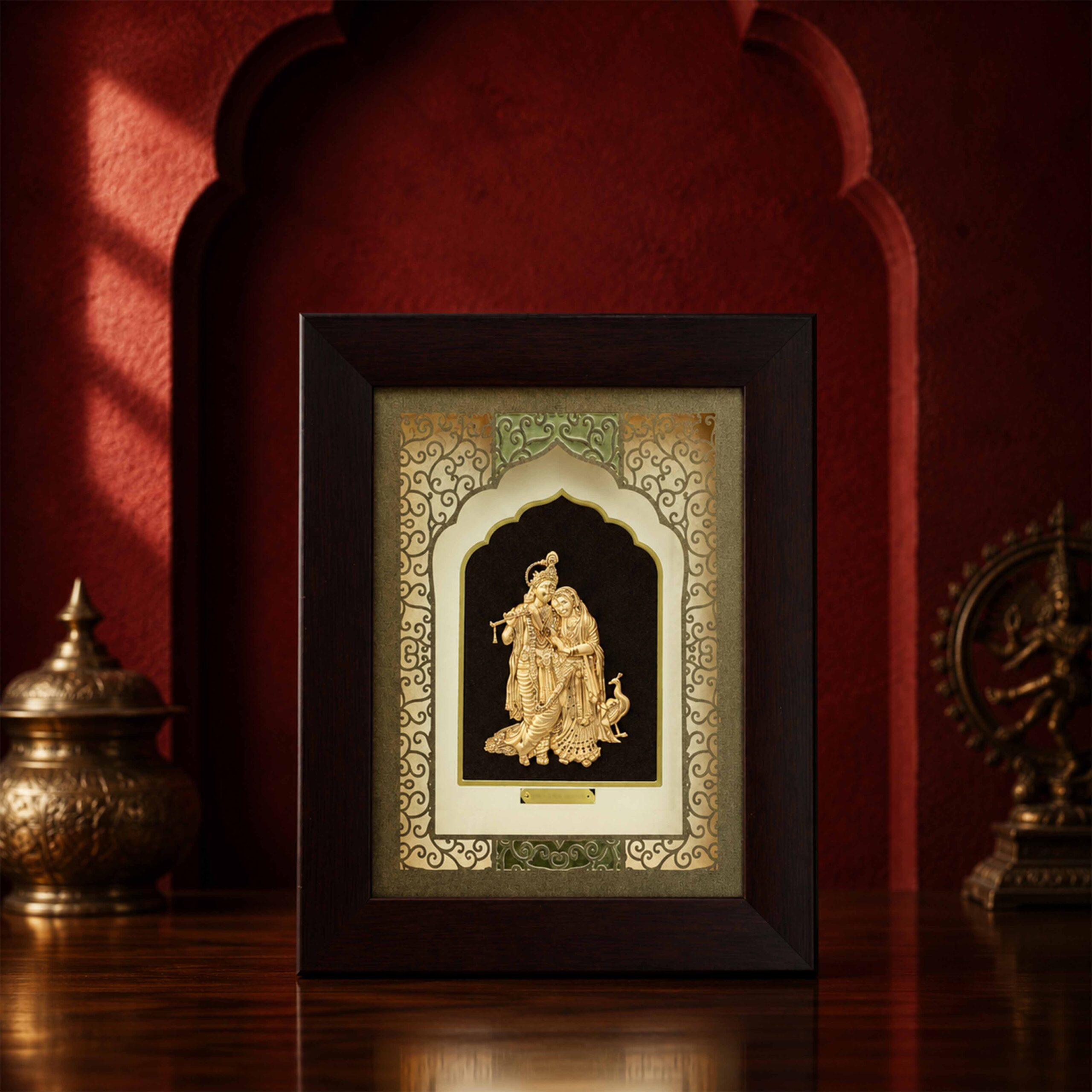Gold Foil Radha Krishna Temple Arch Wooden Frame