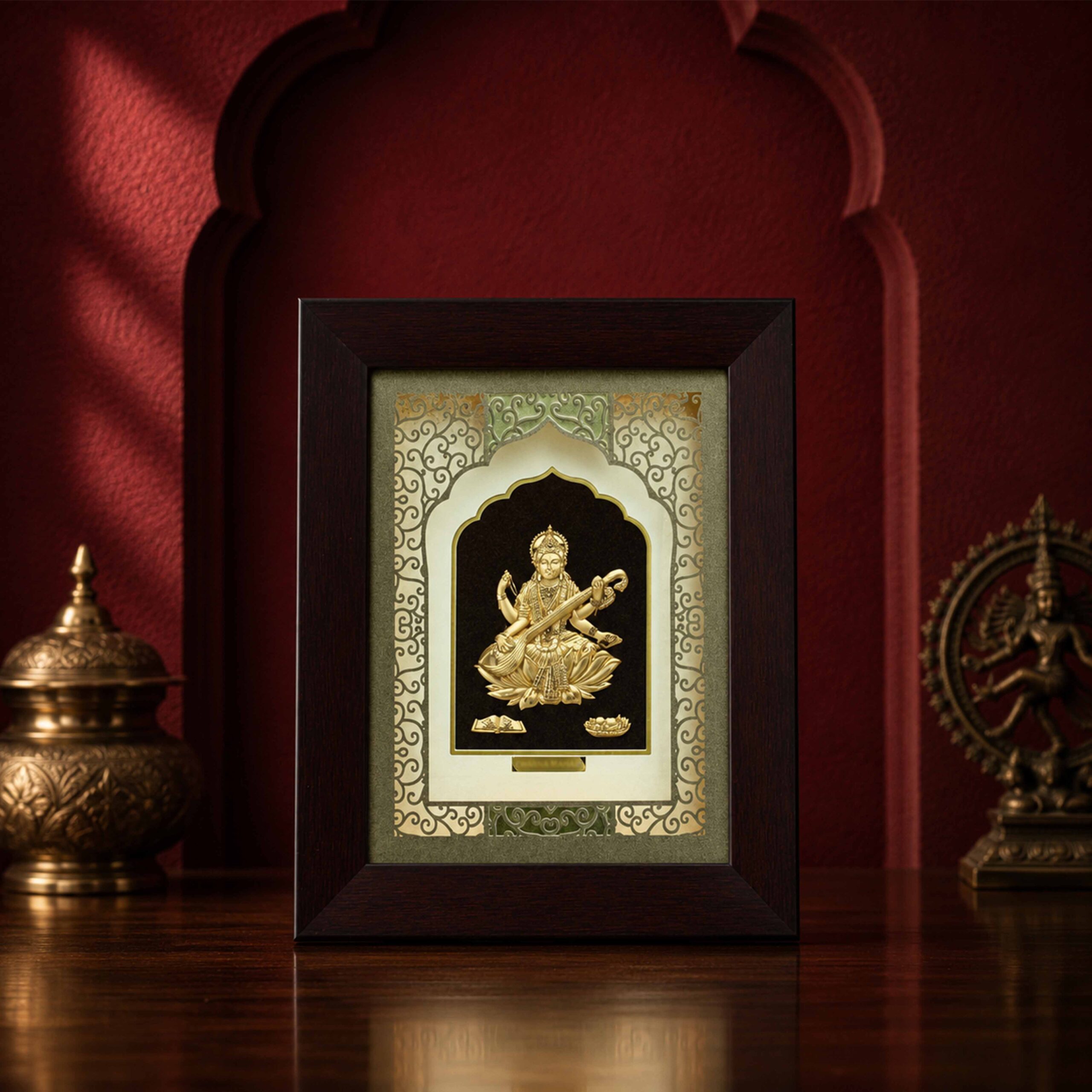 Gold Foil Saraswati Temple Arch Wooden Frame