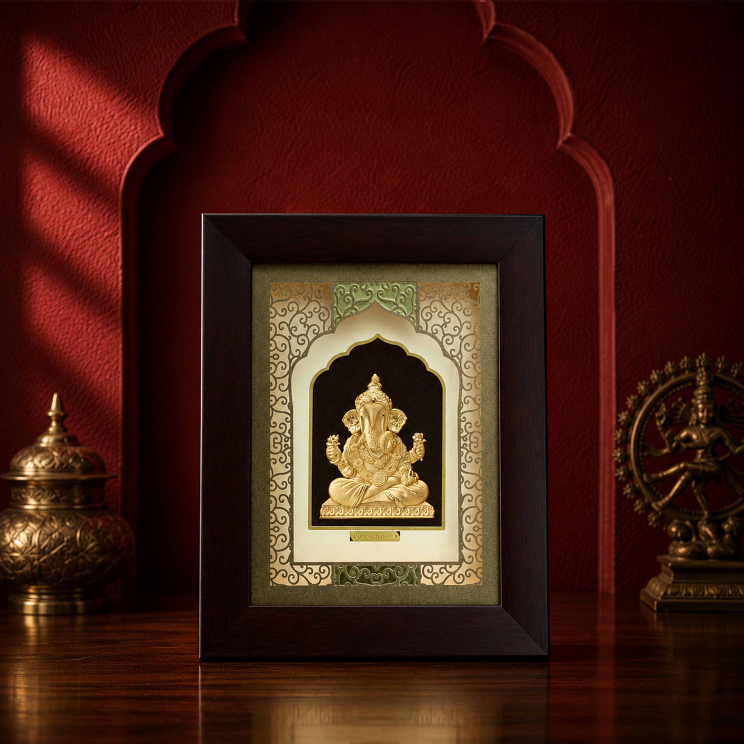 Gold Foil Seated Ganesha Temple Arch Wooden Frame