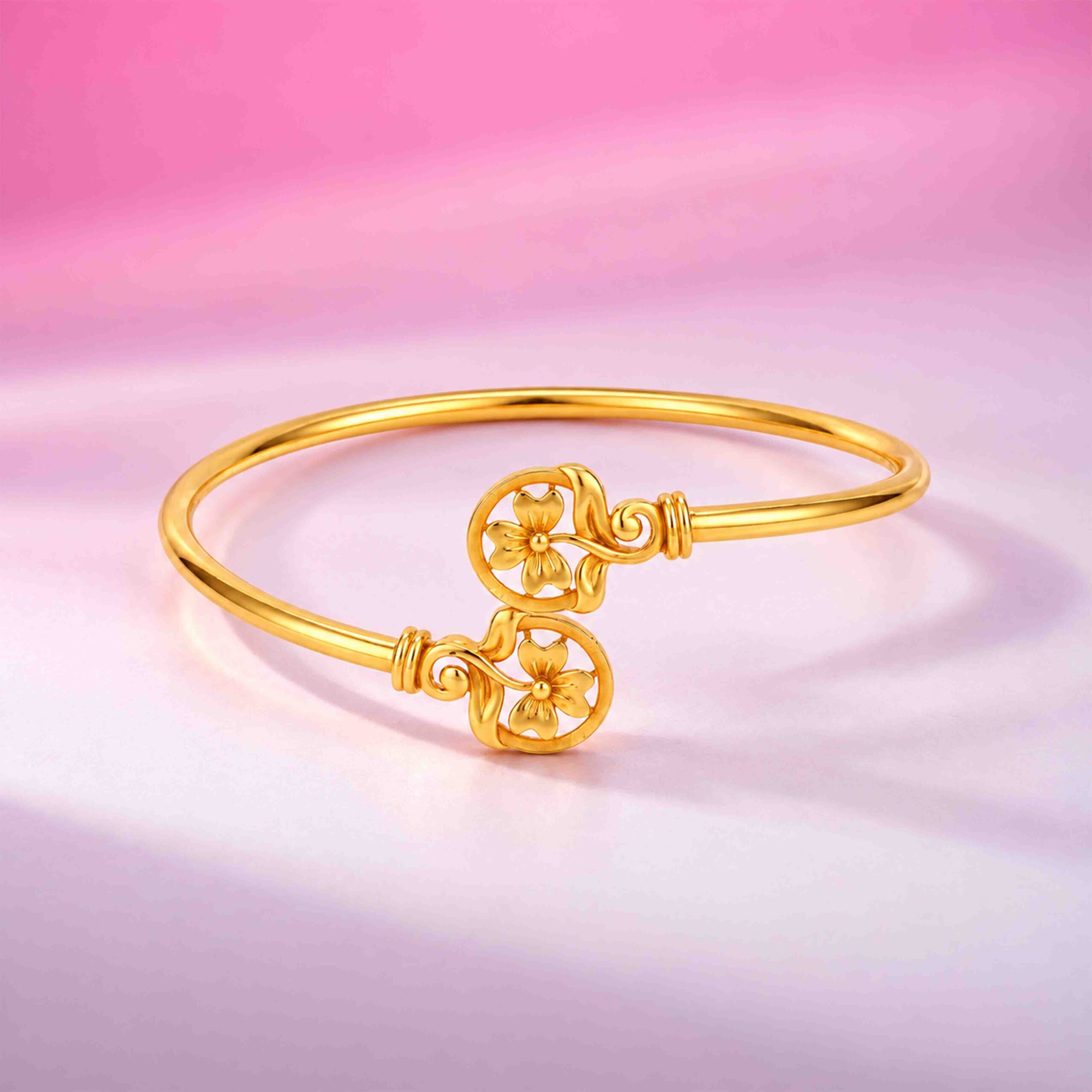 Elegant Yellow Gold Bypass Floral Kada Bangle