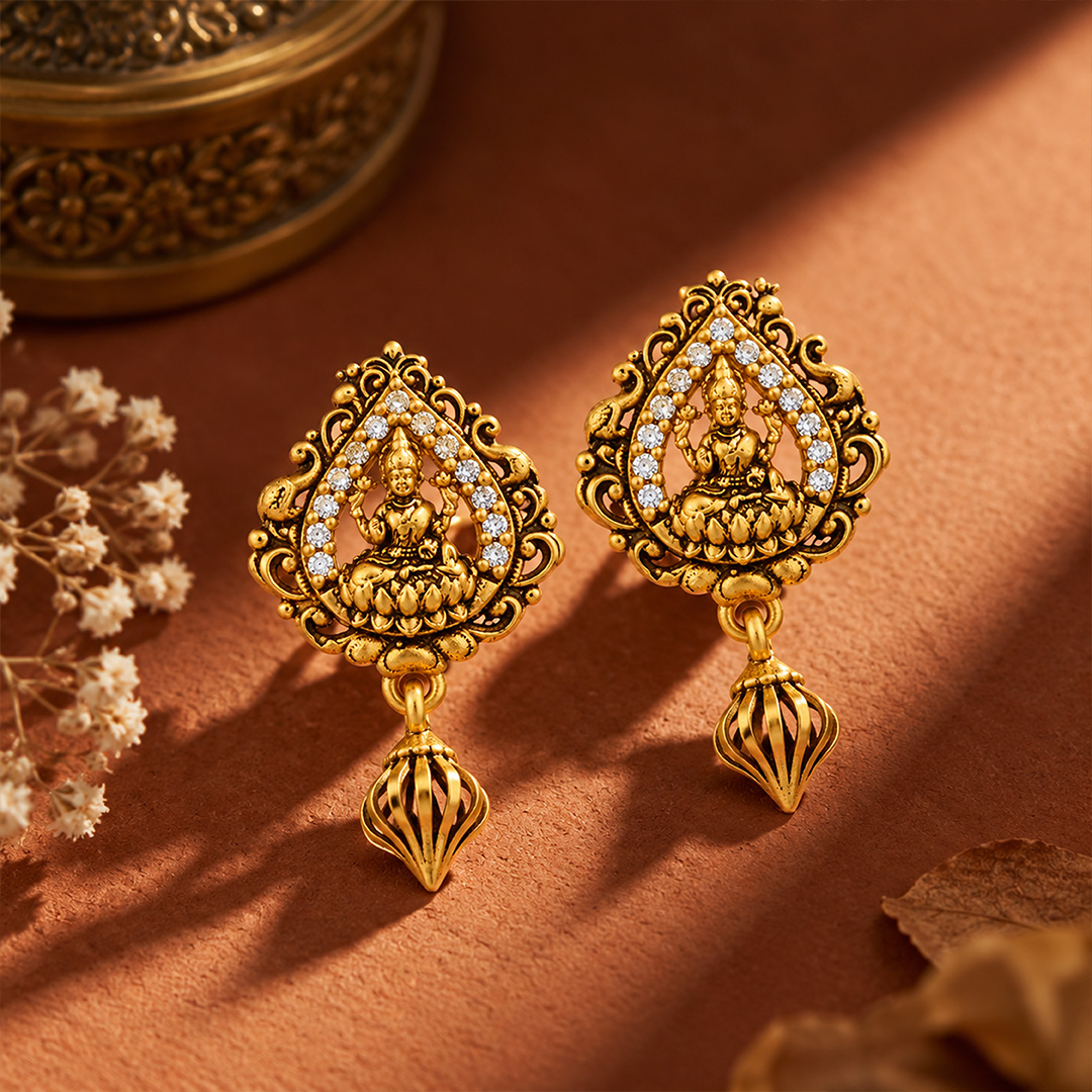 Divine Lakshmi Leaf Frame Antique Gold Drop Earrings