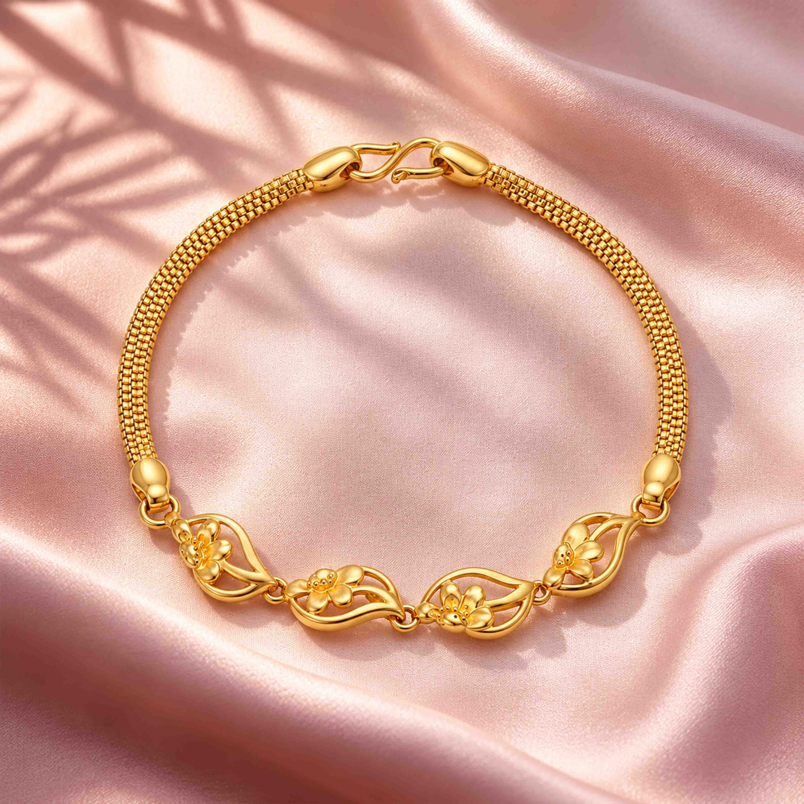 Elegant Gold Floral Leaf Link Mesh Bracelet