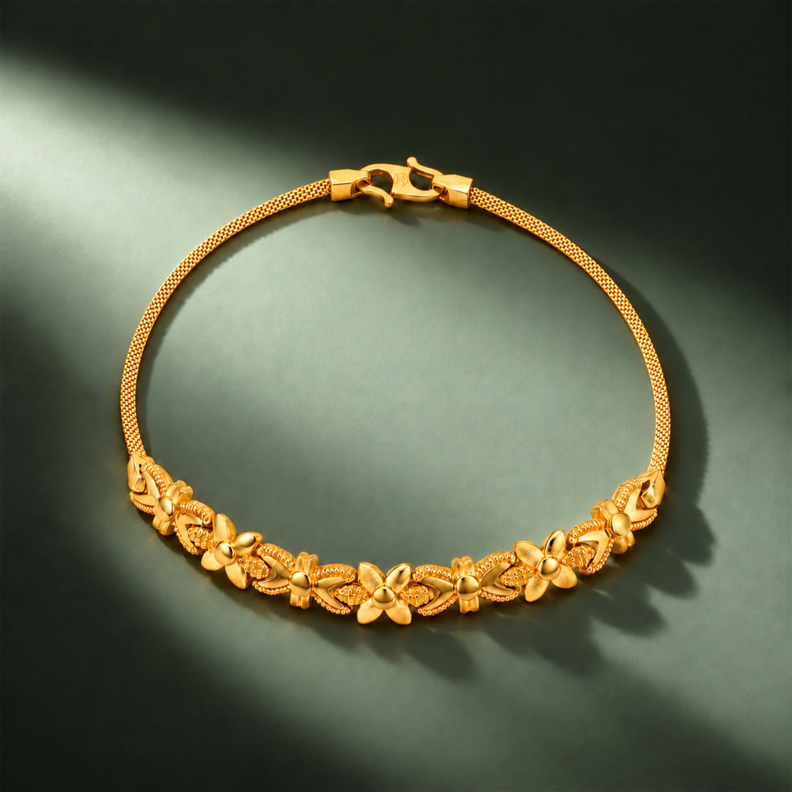 Elegant Gold Floral Panel Mesh Chain Bracelet