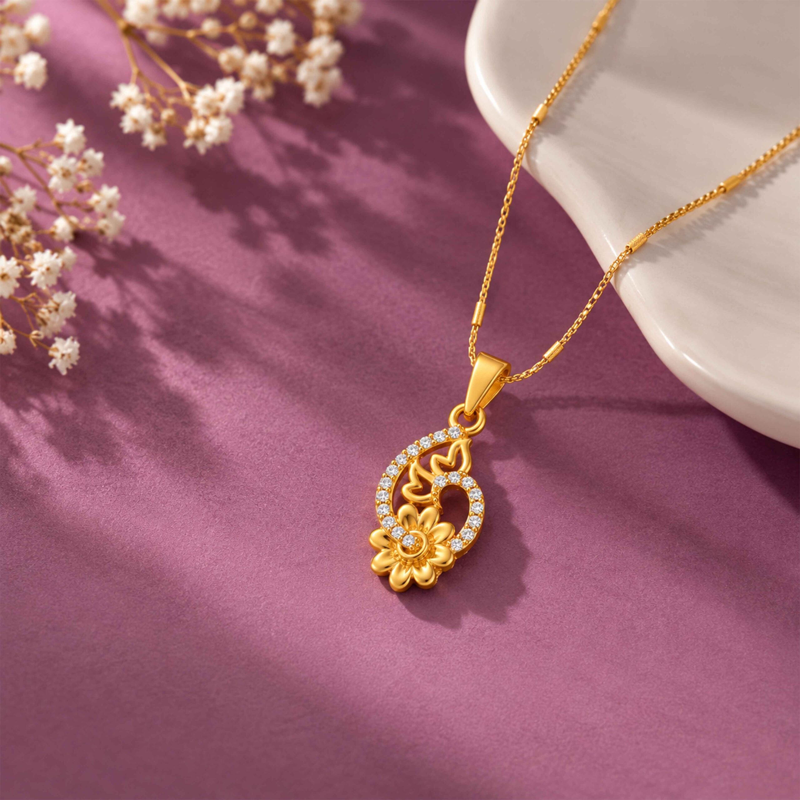 Floral Paisley Gold Twin Heart Accents Pendant