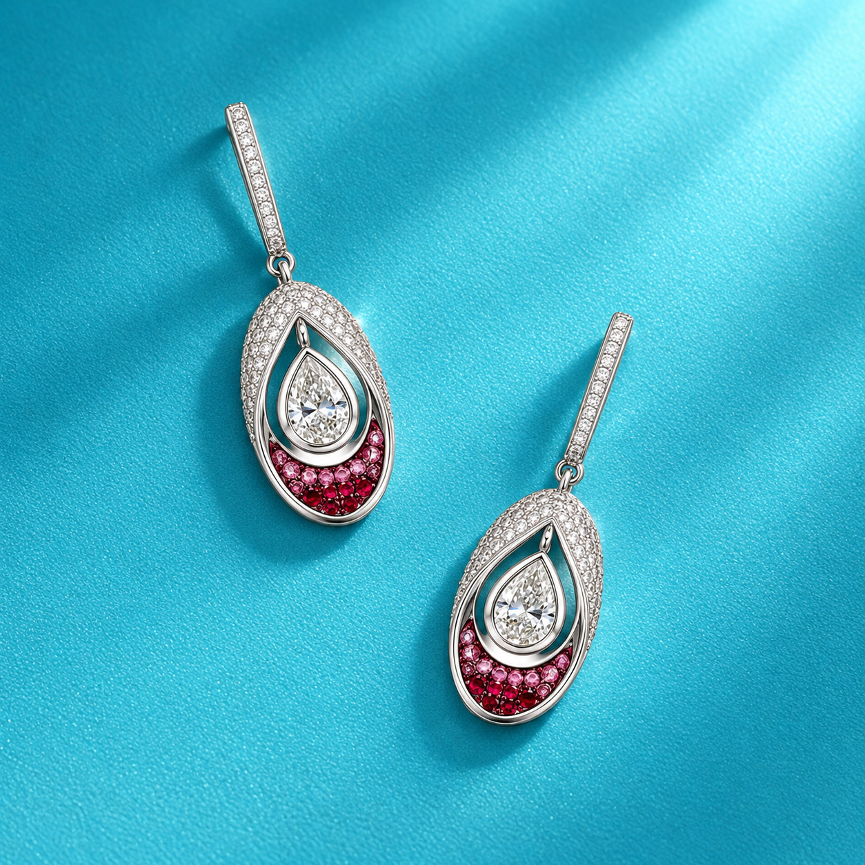 Radiant Ruby Ombré Teardrop Evaglow Diamond Earrings