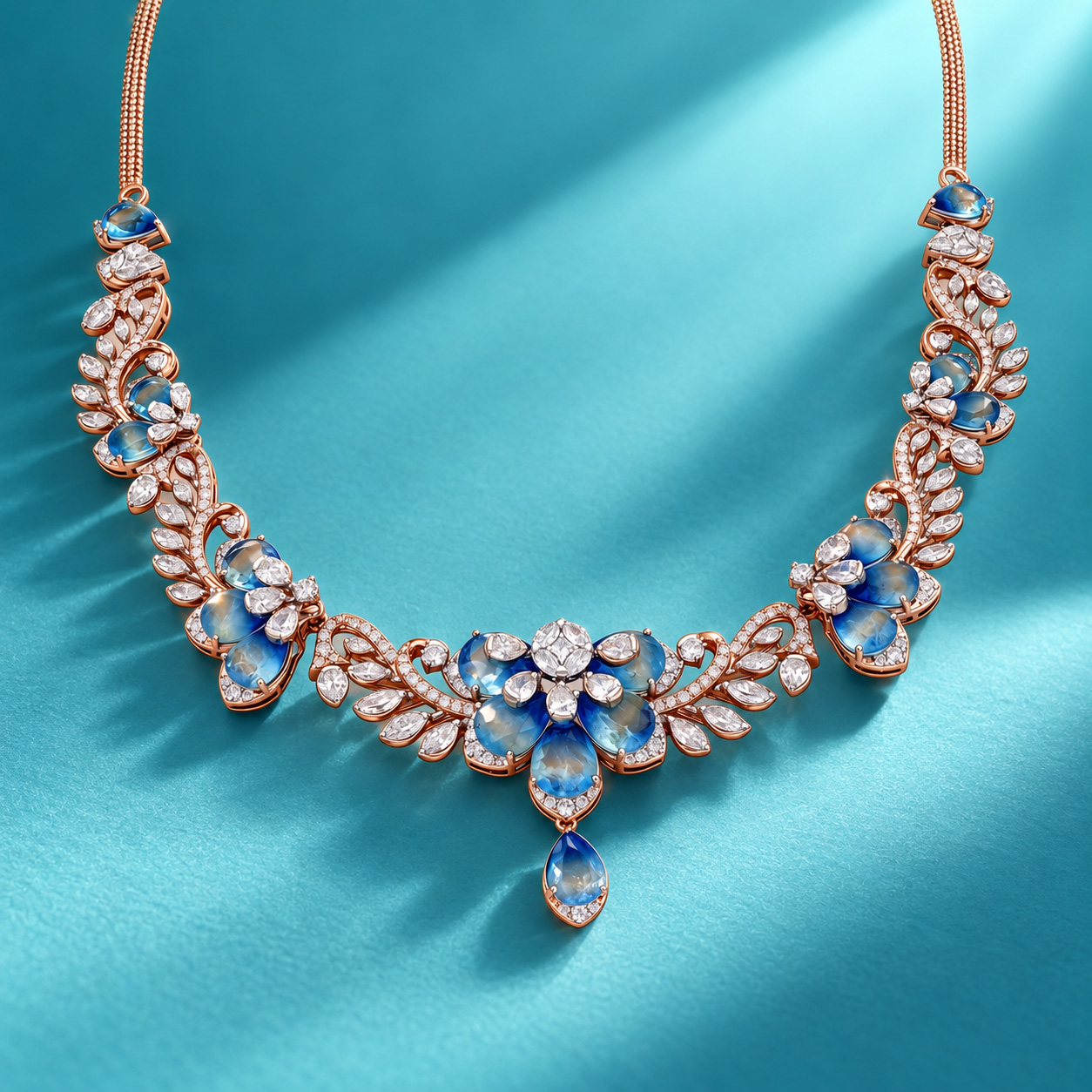Oceanic Flora Blue Topaz Evaglow Diamond Necklace